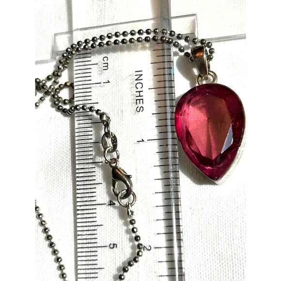 Deep Red Pink Translucent Teardrop Pendant on Sterling Ball Bead Chain 18” - Picture 4 of 10